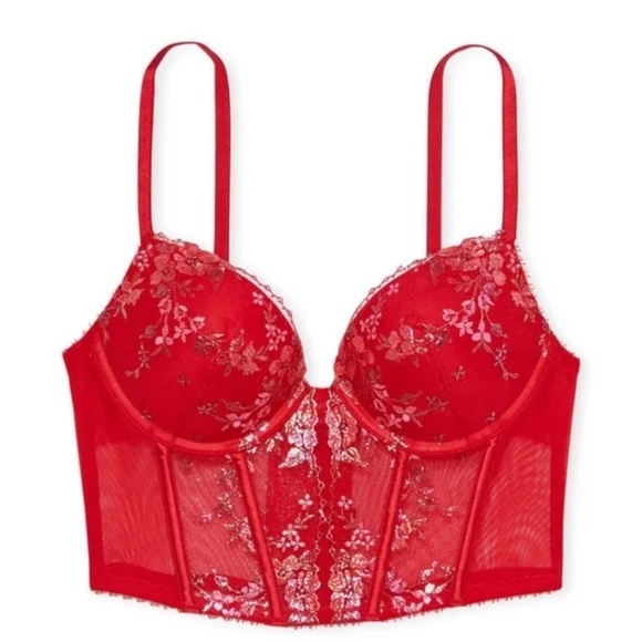 New! Victoria's Secret Push-Up Up Floral Embroidery Corset Top red 31647 - Picture 1 of 11